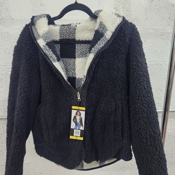 NWT Weatherproof Reversible Sherpa Zip Hoodie Black/White Buffalo Plaid Size S - Picture 10 of 16